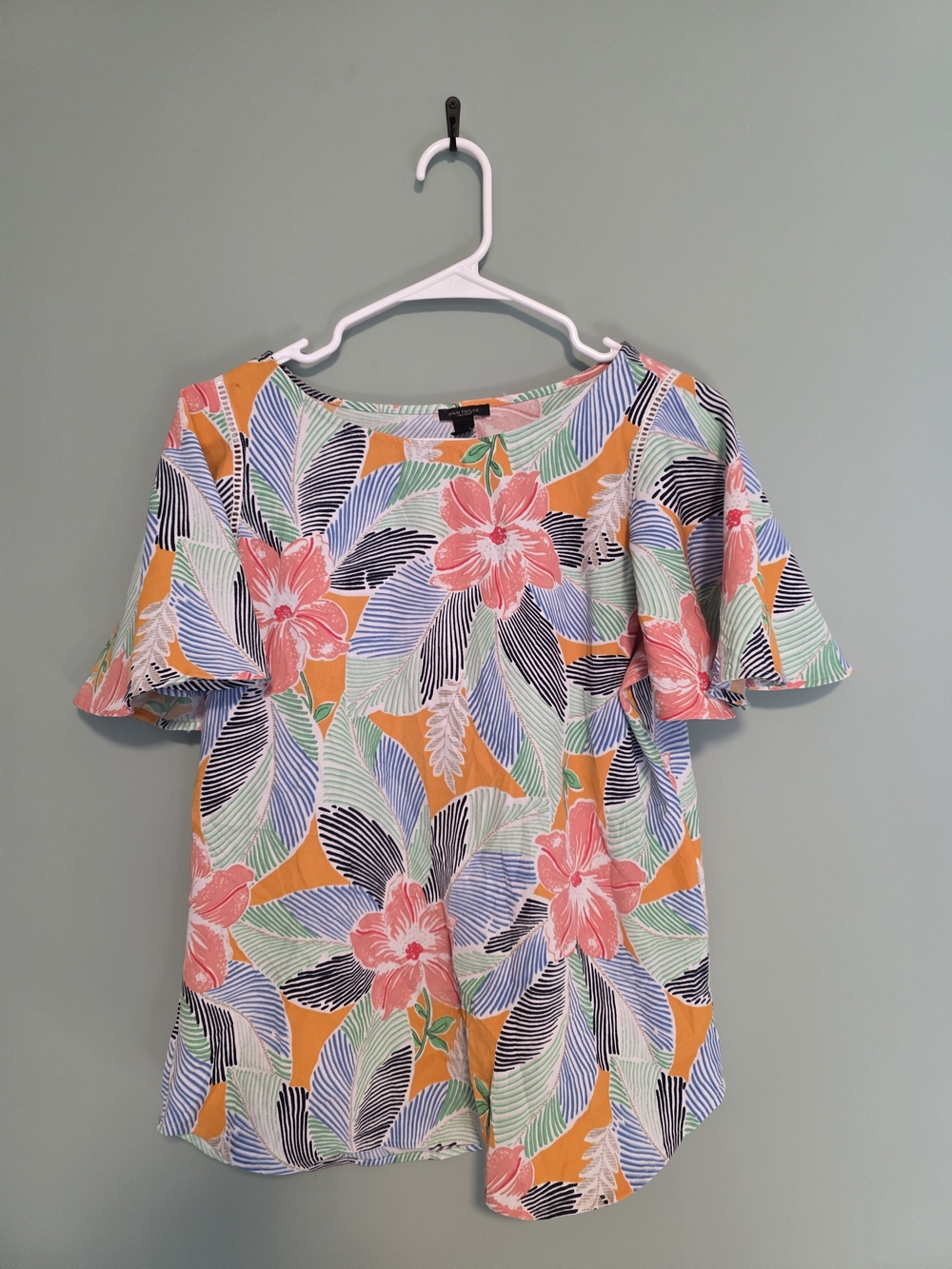Ann Taylor Tropical Floral Short Sleeve Blouse - Pink, Orange & Blue